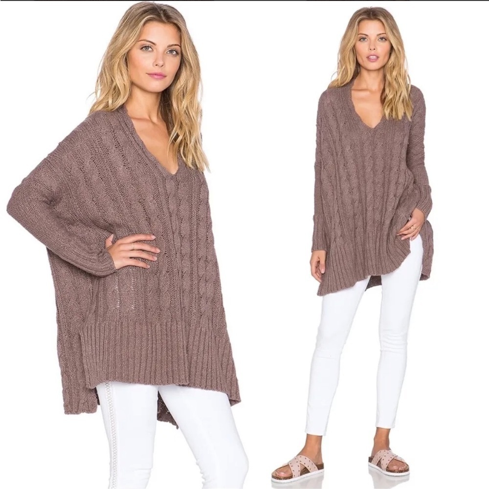 Free People Easy Cable V Neck Sweater Size XS Taupe Mushroom